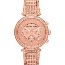 Michael Kors Rose Gold Mid-Size Rose Gold Tone Stainless Steel Parker Chronograph Glitz Watch