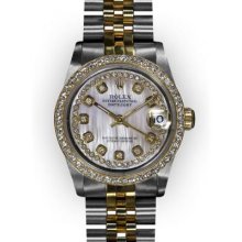 Midsize Two Tone MOP Dial Yellow Gold Beadset Bezel Rolex Datejust