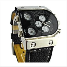 Military army multi-time zones 3 times mens sports quartz leather watch