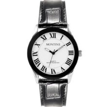 Montine Mens Round White Dial Black Leather Strap Watch Gift Boxed