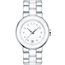 Movado 'Cerena' Diamond Dial Ceramic & Steel Watch White