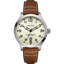 Nautica Men`s Watch W/ Brown Leather Wristband & Cream Beige Dial