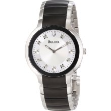 New BULOVA Mens 11 Diamonds Round Quartz Watch Silver-Tone Steel Bracelet