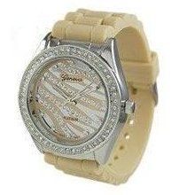 NEW GENEVA Beige (Tan) Zebra Silicone Rhinestone Watch - With Silver Tone Bezel