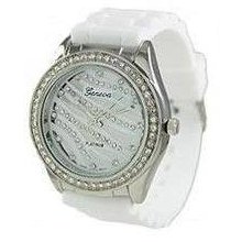 NEW GENEVA White Zebra Silicone Rhinestone Watch - With Silver Tone Bezel