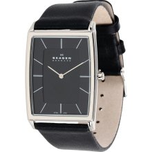 New Mens SKAGEN Denmark Analog Steel Watch Black Leather Band - Black - Leather