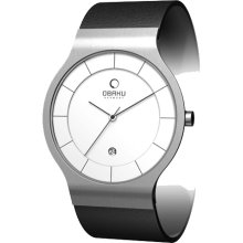 Obaku Harmony Mens Ultra Slim Stainless Watch - Black Leather Strap - White Dial - V133GCIRB