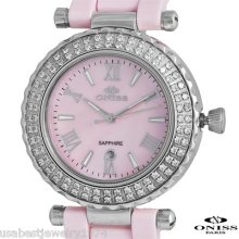 Oniss Pink Ceramic Swiss Mov't Watch Austrian Crystals Mop Dial Date $890