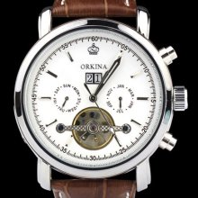 Orkina 6 Hand Date Dial Automatic Quartz Brown Leather Band Wrist Watch