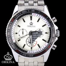 Orkina Mens Tachymeter White Chronograph Dial Quartz Stainless Steel Wrist Watch