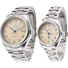 Pair of Calendar Style Steel Analog Automatic Couple Watches (Silver)