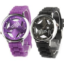 Pair of Hollow Out Pattern Star Design Quartz Wrist Watches with Crystal Decoration - Black and Purple