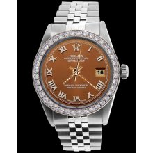 Perpetual rolex diamond bezel datejust men brown roman dial SS jubilee bracelet