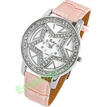 Pink Leather Band Watch Star Design Dial + Rhinestone