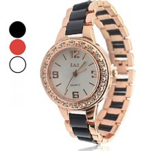 Plated Women's Gold Metal Band Analog Quartz Wrist Watch With Rhinstone Inlaid Round Dial(Assorted Colors)