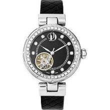 Project D London Ladies' Crystal Set, Black Dial, Leather Strap PDS003/A/13 Watch