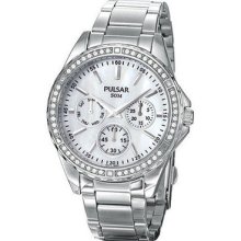 Pulsar By Seiko Women $160 Chrono Mop Dial Stainless Steel Quartz Watch Pp6049
