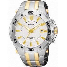 Pulsar Mens Kinetic Date Watch Stainless & Gold Tone White PAR147