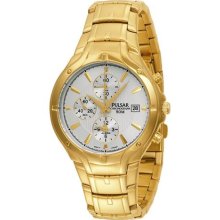 Pulsar Mens Tech Gear SilverDial Gold Tone Alarm Quartz Chronograph Watch PF3686