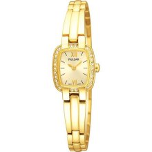 Pulsar Womens Swarovski Crystal Stainless Watch - Gold Bracelet - Gold Dial - PEGF66