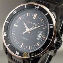 Quartz Hour Dial Date Water Black Golden Clock Sport Men Steel Wrist Watch Wt224