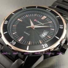 Quartz Hour Dial Date Water Black Golden Clock Sport Men Steel Wrist Watch W224