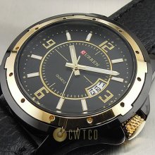 Quartz Hour Dial Day Date Golden Clock Sport Men Leather Steel Wrist Watch Wt233