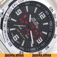 Red Led Mixed Time Display Black Dial Stainless Steel Mens Sport Wrist Watch