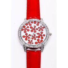 Red Patent Faux Leather Rhinestone Floral Face Watch
