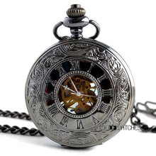 Retro Black Roman No. See Through Hand-winding Skeleton Mechanical Pocket Watch