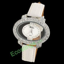 Rhinestone Ladies Oval Wrist Watch Leather Strap