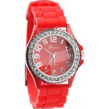 Rhinestones Round Case Quartz Wrist Watch Rubber Band Female