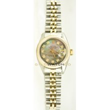 Rolex Ladys Stainless Steel & 18K Gold Datejust Model 69173 Jubilee Band Fluted Bezel Custom Added Tahitian Mother of Pearl Diamond Dial