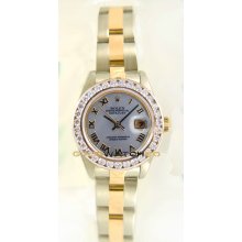 Rolex Ladys Stainless Steel & 18K Gold Datejust Model 69173 Oyster Band Custom Added Mother Of Pearl Roman Dial & 2Ct Diamond Bezel