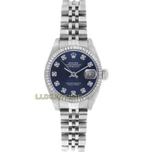 Rolex Ladys Watch Ss Datejust 6916 Blue Diamond Dial 18k Gold Fluted Bezel Mint
