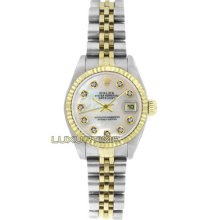 Rolex Ladys Watch Ss & Gold Datejust 6917 Mop Diamond Dial 18k Gold Bezel Mint