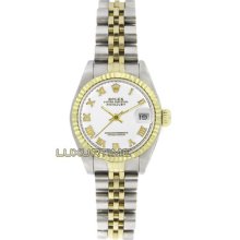 Rolex Ladys Watch Ss & Gold Datejust 6917 White Roman Dial 18k Gold Fluted Bezel