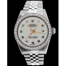 Rolex men white Arabic dial datejust watch SS jubilee bracelet diamond bezel