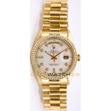 Rolex Mens 18K Yellow Gold President Day Date Model 18238 Custom Added White Diamond Dial & Diamond Bezel