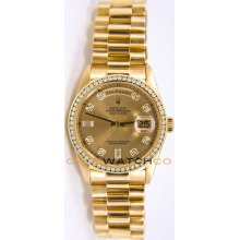 Rolex Mens 18K Yellow Gold President Day Date Model 18238 Custom Added Champagne Diamond Dial & Diamond Bezel