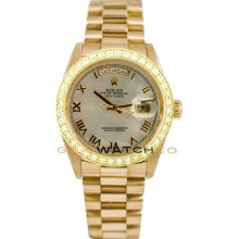 Rolex Mens 18K Yellow Gold President Day Date Model 18038 Custom Added Mother Of Pearl Roman Dial & 2Ct Diamond Bezel