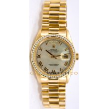 Rolex Mens 18K Yellow Gold President Day Date Model 18238 Custom Added MOP Roman Dial & Diamond Bezel