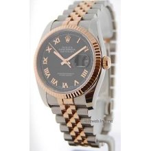 Rolex Mens Datejust 116231 Z 18k Pink Gold & Steel Black Dial Box & Papers Mint