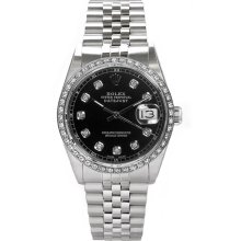 Rolex Men's Datejust Stainless Steel Custom Diamond Bezel & Black Diamond Dial