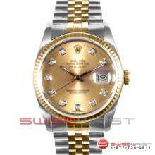 Rolex Men's Datejust Two Tone 16233 Factory Champagne Diamond Dial