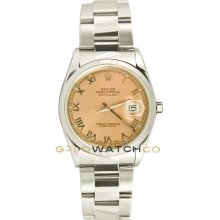 Rolex Mens Stainless Steel Datejust Model 16200 Oyster Band Stainless Steel Smooth Bezel Salmon Roman Dial