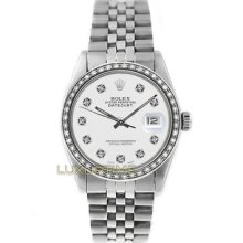 Rolex Mens Watch Ss Datejust 16014 White Diamond Dial & 1ct Diamond Bezel Mint