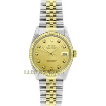 Rolex Mens Watch Ss & Gold Datejust 16013 Champagne Diamond Dial 18k Gold Bezel