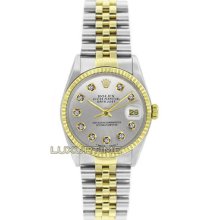 Rolex Mens Watch Ss & Gold Datejust 16013 Silver Diamond Dial 18k Gold Bezel
