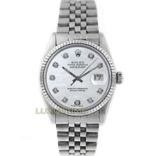 Rolex Mens Watch Ss Datejust 16014 Mop Diamond Dial 18k Gold Fluted Bezel Mint